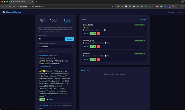 Telegram Channel Monitor Gets Keyword Scanning and Archive Search